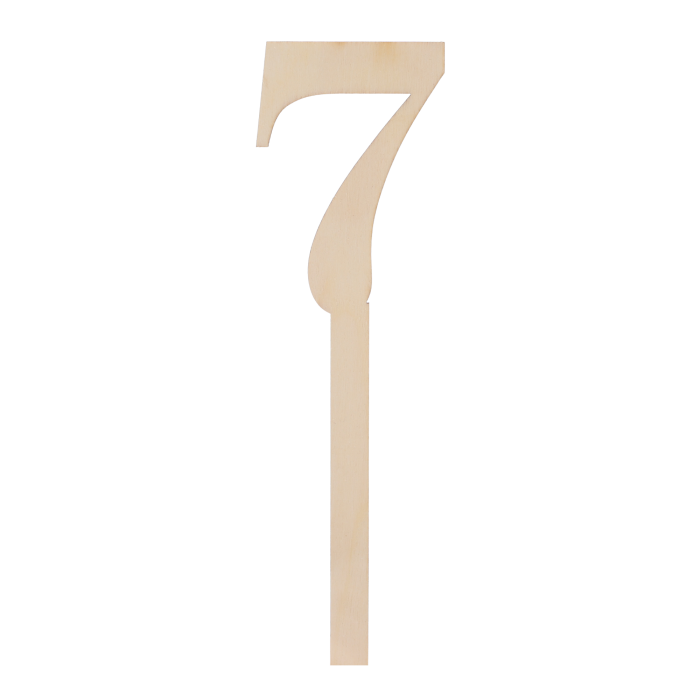 Drewniana cyfra na piku siedem w naturalnym stylu. Estetyczny dodatek idealny do numerowania stołów na weselach, urodzinach i przyjęciach okolicznościowych.