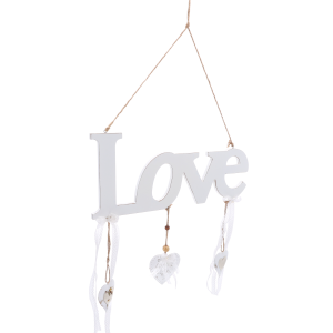 Widok z boku na zawieszkę napis Love, prezentujący strukturę napisu oraz zwisające ozdobne serca i białe wstążki.