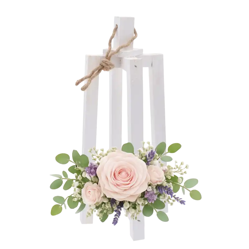 Biały drewniany lampion o wysokości 35 cm, ozdobiony jutowym sznurem i bogatą kompozycją kwiatową z różami, stanowiący elegancki świecznik dekoracyjny.