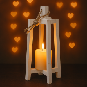 Drewniany lampion w kolorze białym ze świecą wewnątrz, oświetlony ciepłym światłem, na tle rozmytych serduszek w odcieniu pomarańczowym.