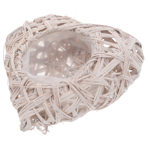 Rattanowa osłonka serce 22 cm w kolorze bielonym. Naturalny, ażurowy design z wewnętrzną folią ochronną do nasadzeń.
