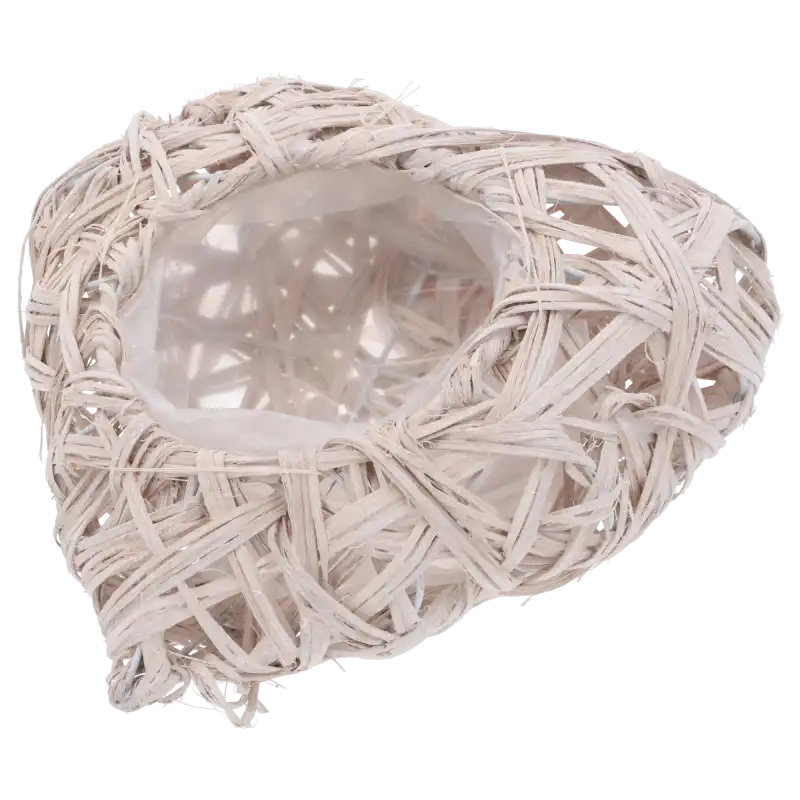 Rattanowa osłonka serce 22 cm w kolorze bielonym. Naturalny, ażurowy design z wewnętrzną folią ochronną do nasadzeń.