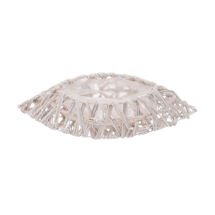 Osłonka rattanowa wrzeciono łódka 35cm z folią, dekoracyjna doniczka, osłonka handmade, naturalna, ozdoba do salonu, styl skandynawski, boho, rustykalny, na balkon, taras, bielona, biała, na kwiaty, zioła, bratki, wrzosy