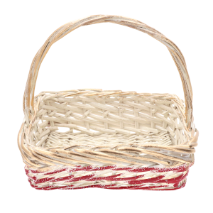 Pojedynczy kosz wiklinowy z ozdobnym, złoto-czerwonym wykończeniem. Produkt stanowi bazę do przygotowania własnych kompozycji florystycznych.