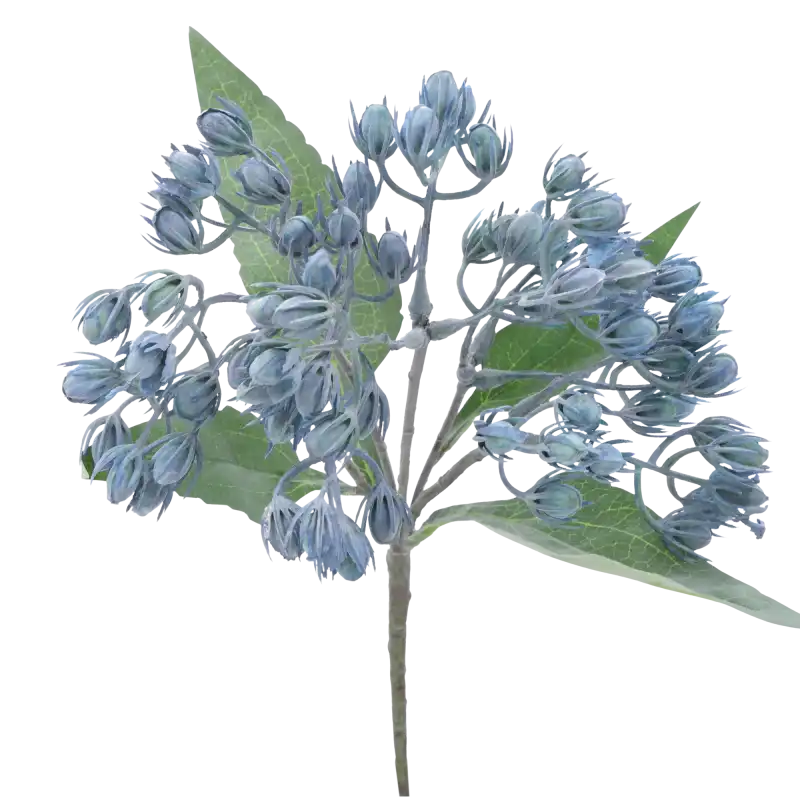 Zbliżenie na górną część dekoracyjnej gałązki z licznymi niebieskimi kuleczkami i zielonymi listkami na łodydze.