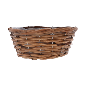 Pusta brązowa osłonka wiklinowa 23 cm widoczna z profilu, ukazująca strukturę naturalnego splotu.