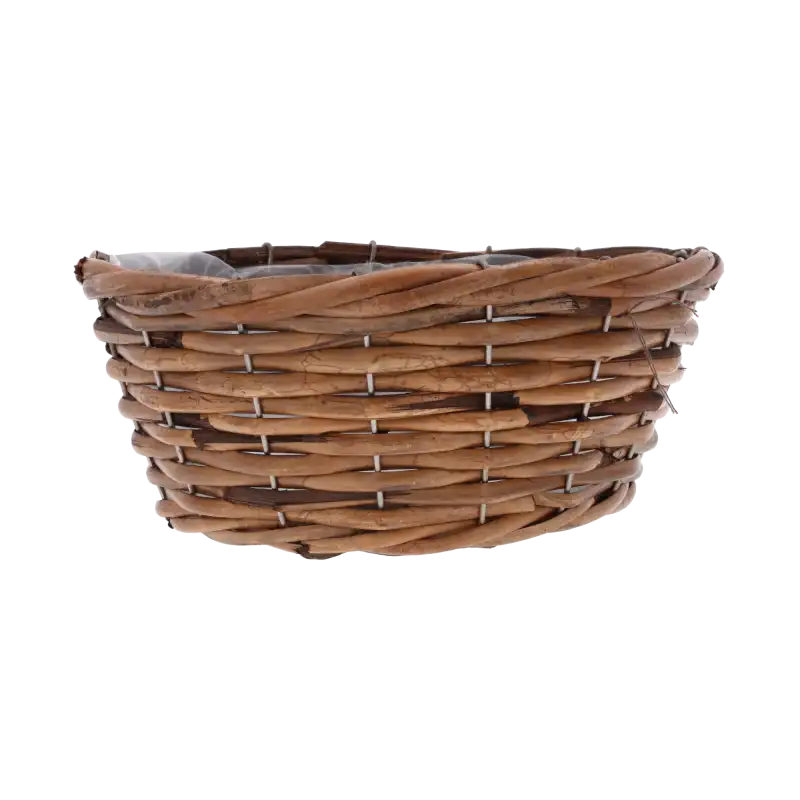 Pusta brązowa osłonka wiklinowa 23 cm widoczna z profilu, ukazująca strukturę naturalnego splotu.
