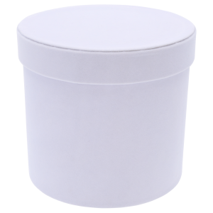 Pojedynczy biały flower box wykonany z welurowego materiału. Pudełko posiada zdejmowaną pokrywkę i gładką powierzchnię o średnicy 14 cm.