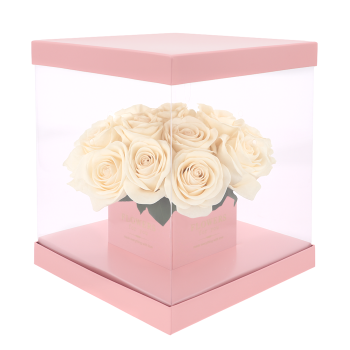 Różowy kwadratowy flower box 25x25 cm z przezroczystymi ściankami wypełniony jasnymi różami. Idealny do efektownej ekspozycji kwiatowych kompozycji.