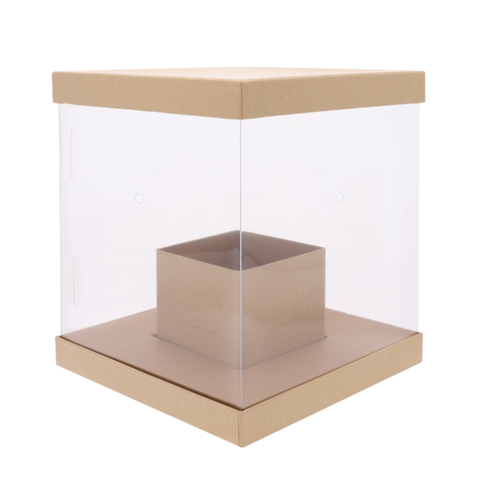 Pusty kwadratowy flower box 25x25 cm z przezroczystymi ściankami i widocznymi otworami do wentylacji roślin.
