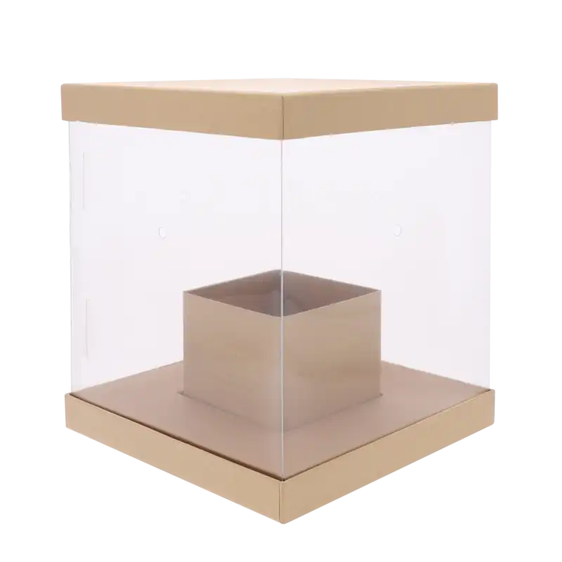 Pusty kwadratowy flower box 25x25 cm z przezroczystymi ściankami i widocznymi otworami do wentylacji roślin.