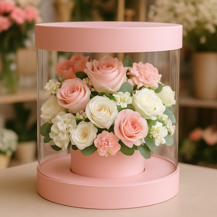 Przezroczysty flower box w kolorze różowym wypełniony bogatym bukietem świeżych kwiatów o różnych odcieniach.