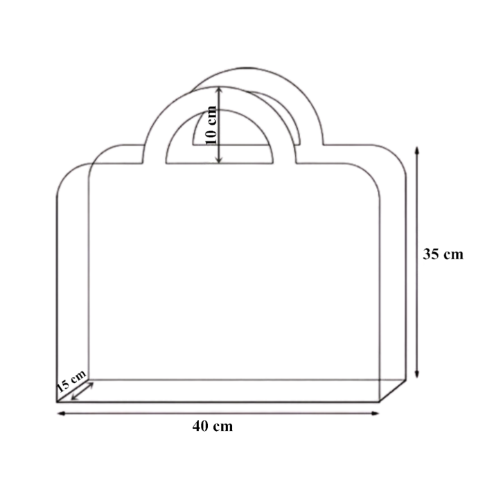 Rysunek techniczny przedstawiający wymiary torebki na kwiaty: 35 cm wysokości, 40 cm szerokości i 15 cm podstawy.