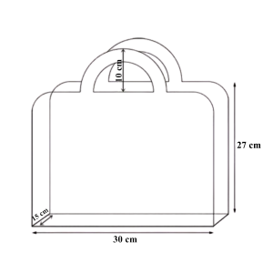Schemat techniczny torebki na kwiaty z zaznaczonymi wymiarami: szerokość 30 cm, wysokość 27 cm, podstawa 15 cm, rączka 10 cm.