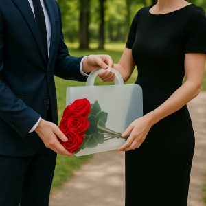 Dwie osoby trzymają przezroczystą torebkę na kwiaty z bukietem czerwonych róż w plenerze, ujęcie w dłoniach.