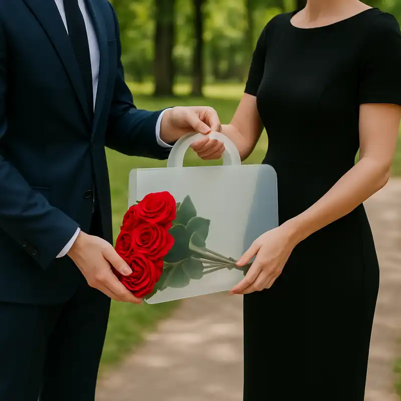 Dwie osoby trzymają przezroczystą torebkę na kwiaty z bukietem czerwonych róż w plenerze, ujęcie w dłoniach.