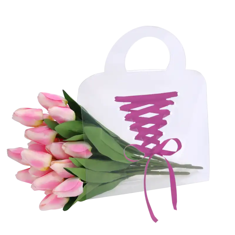 Przezroczysta torebka na kwiaty 27x30 cm z bukietem różowych tulipanów. Widoczny efektowny splot wstążki na froncie.