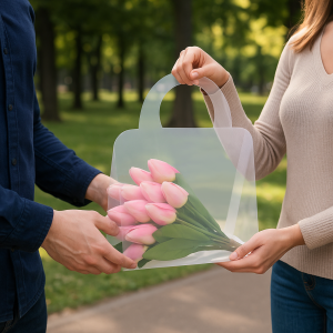 Kobieta i mężczyzna trzymający przezroczystą torebkę z bukietem tulipanów, pokazując praktyczne zastosowanie w codziennym życiu.