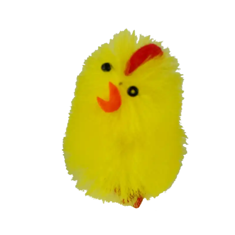 Detale zoltego kurczaka o wysokosci 5,5 cm z widocznymi oczami, dziubkiem i czerwonym grzebieniem.