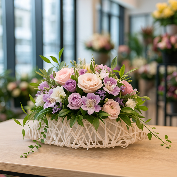 Bielona osłonka rattanowa w kształcie wrzeciona 25 cm z kompozycją kwiatową. Naturalny dodatek z folią ochronną do wnętrz w stylu boho, eko i skandynawskim.