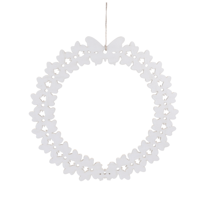 Drewniana zawieszka 25 cm, biała, w motyle, ozdoba wiosenna, wielkanocna, na ślub, komunijna, dekoracja domu, salonu, sypialni, pokoju dziecka.