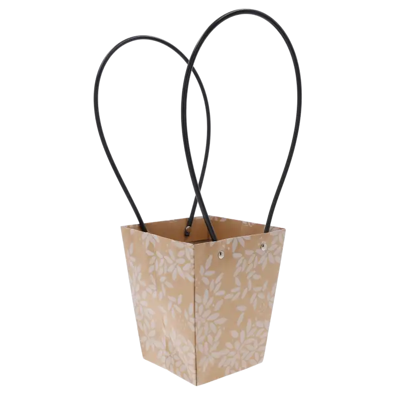 Ozdobna brązowa torebka kwiatowa 36 cm ukazana w ujęciu z boku. Widoczne dopasowane czarne uchwyty oraz estetyczny roślinny motyw nadrukowany na powierzchni produktu.