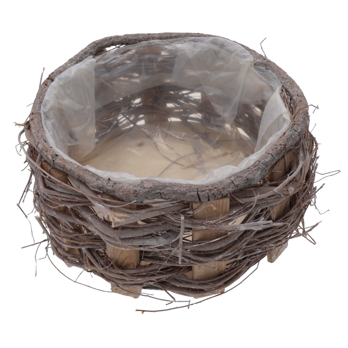 Naturalna osłonka drewniana 25 cm, duża osłonka na doniczkę z folią ochronną, idealna do kwiatów domowych, ziół, dekoracji ogrodu i wnętrza w stylu boho, rustykalnym, koszyk na kwiaty.