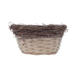 Okrągła osłonka z drewna i wikliny o średnicy 20 cm z kory, prezentująca naturalny design w stylu rustykalnym.