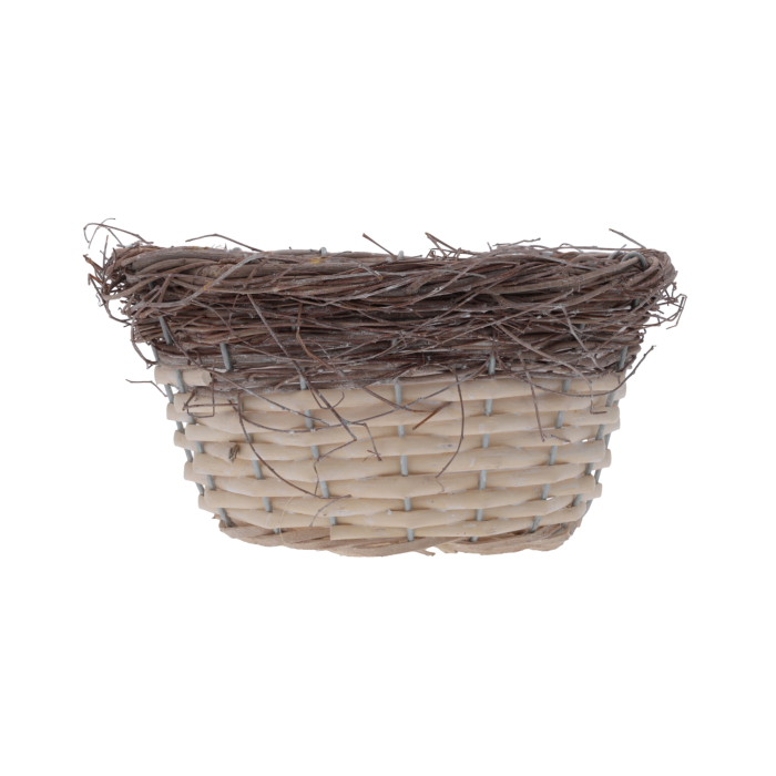 Naturalna osłonka 20 cm, pleciona z wikliny z drewnem, z folią, okrągły kształt, do aranżacji kwiatowych, boho, rustykalny styl.