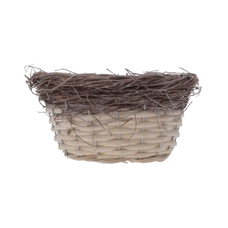 Okrągła osłonka z drewna i wikliny o średnicy 20 cm z kory, prezentująca naturalny design w stylu rustykalnym.