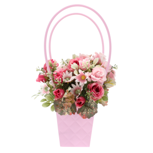 Pikowana torebka kwiatowa 32 cm w kolorze jasny fiolet z bukietem kwiatów. Elegancka oprawa dla żywych i sztucznych roślin.