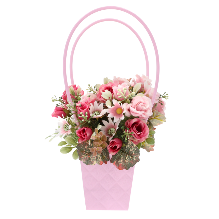 Pikowana torebka kwiatowa 32 cm w kolorze jasny fiolet z bukietem kwiatów. Elegancka oprawa dla żywych i sztucznych roślin.