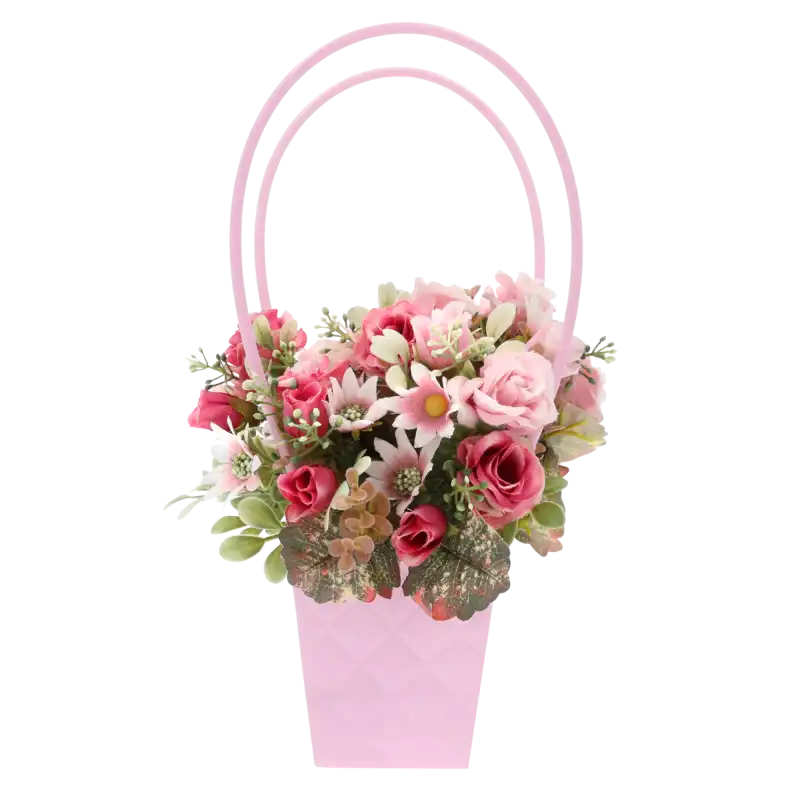 Pikowana torebka kwiatowa 32 cm w kolorze jasny fiolet z bukietem kwiatów. Elegancka oprawa dla żywych i sztucznych roślin.