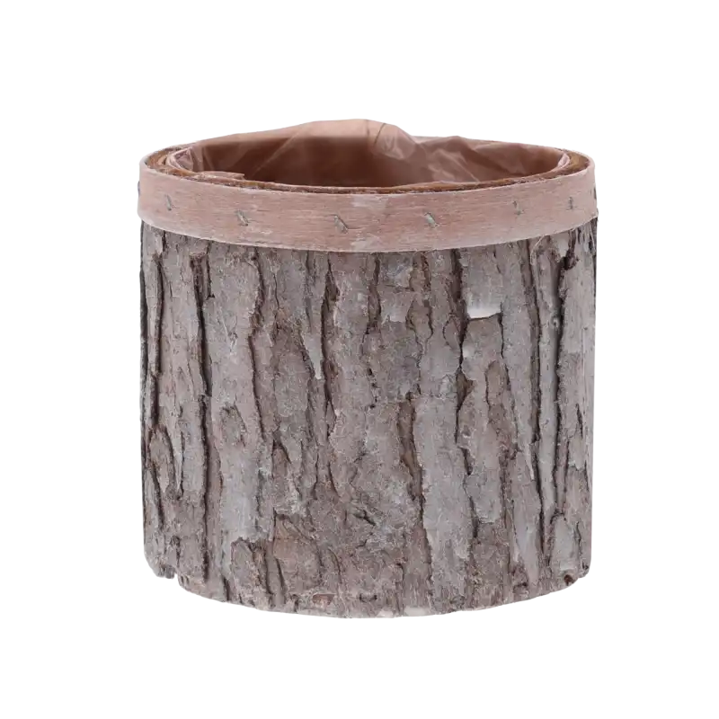 Pusta osłonka z kory o średnicy 12 cm. Drewniane z kory naczynie z widoczną folią ochronną na górnej krawędzi.