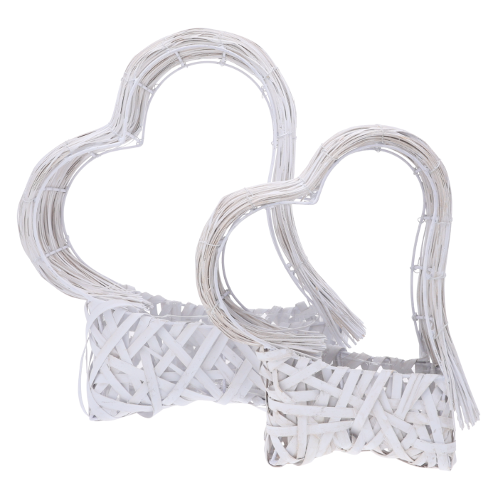 Zestaw białych koszy do kompozycji w kształcie serca o rozmiarach 30 cm oraz 40 cm z plastikowym wkładem.