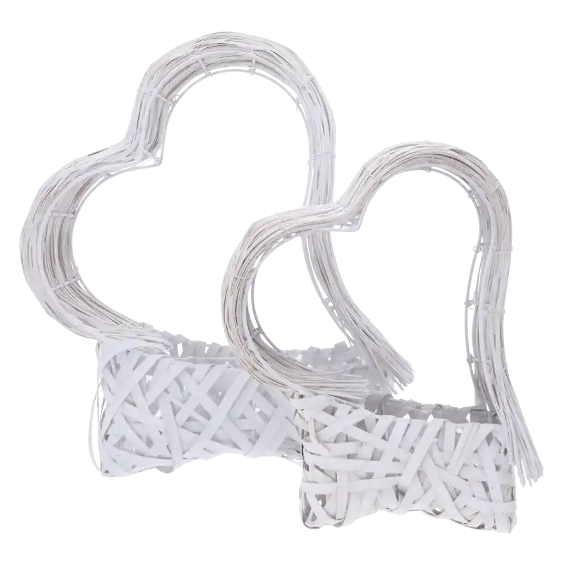 Zestaw białych koszy do kompozycji w kształcie serca o rozmiarach 30 cm oraz 40 cm z plastikowym wkładem.