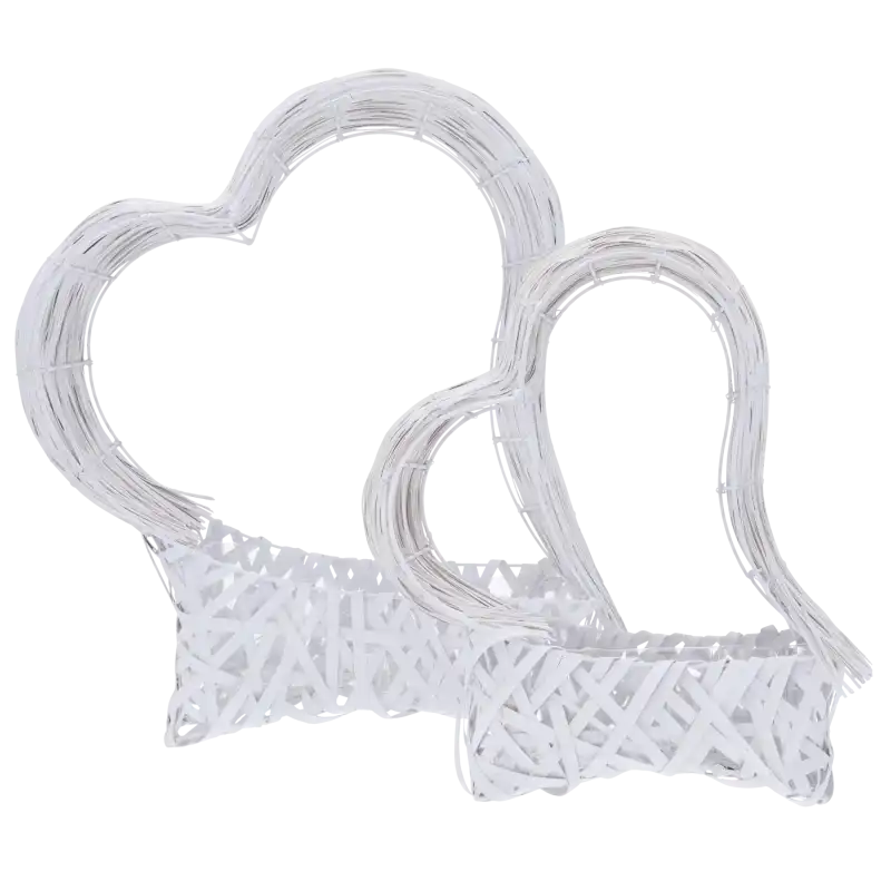 Zestaw dwóch białych koszy w kształcie serca o wysokości 50 cm i 40 cm na metalowym stelażu. Praktyczne osłonki w kształcie serca do tworzenia własnych dekoracji florystycznych.