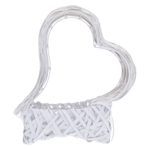 Biały kosz do kompozycji w kształcie serca o wysokości 40 cm. Rattanowa osłonka z plastikowym wkładem ochronnym na metalowym stelażu, doskonała do stroików kwiatowych.