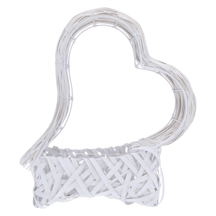 Biały kosz do kompozycji w kształcie serca o wysokości 40 cm. Rattanowa osłonka z plastikowym wkładem ochronnym na metalowym stelażu, doskonała do stroików kwiatowych.