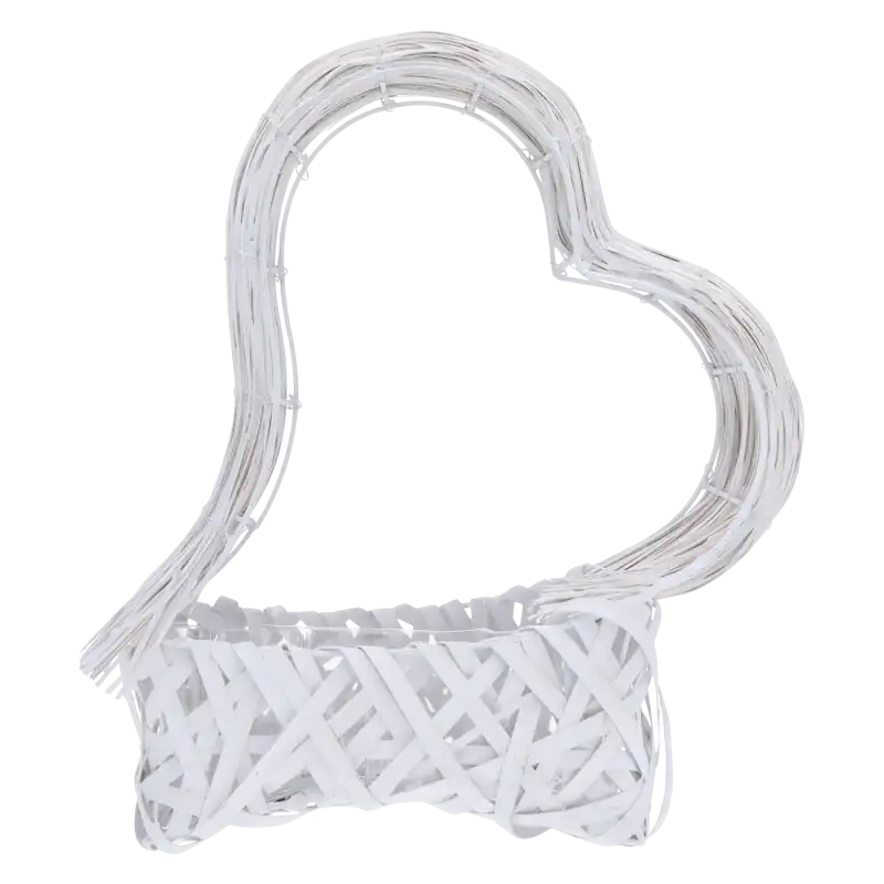 Biały kosz do kompozycji w kształcie serca o wysokości 40 cm. Rattanowa osłonka z plastikowym wkładem ochronnym na metalowym stelażu, doskonała do stroików kwiatowych.