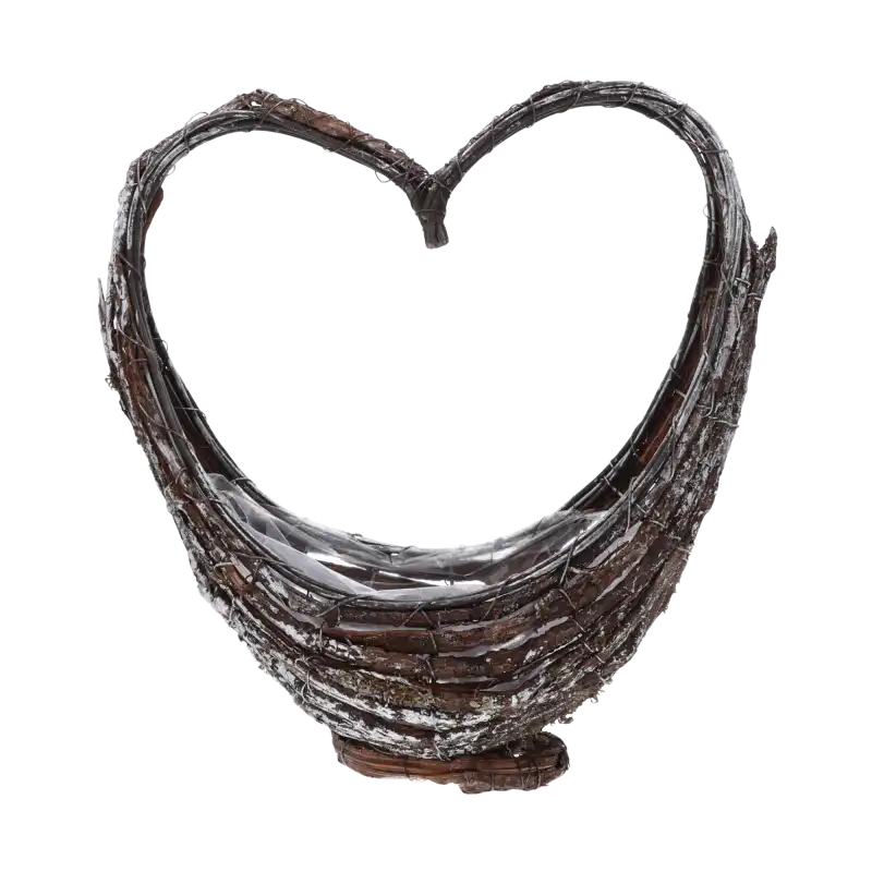 Posrebrzany kosz do kompozycji w kształcie serca 35 cm – elegancka baza z kory z folią ochronną, idealna na stroiki, kwiaty i dekoracje nagrobne. Stylowy, trwały i praktyczny, doskonały do domu, ogrodu i aranżacji florystycznych.