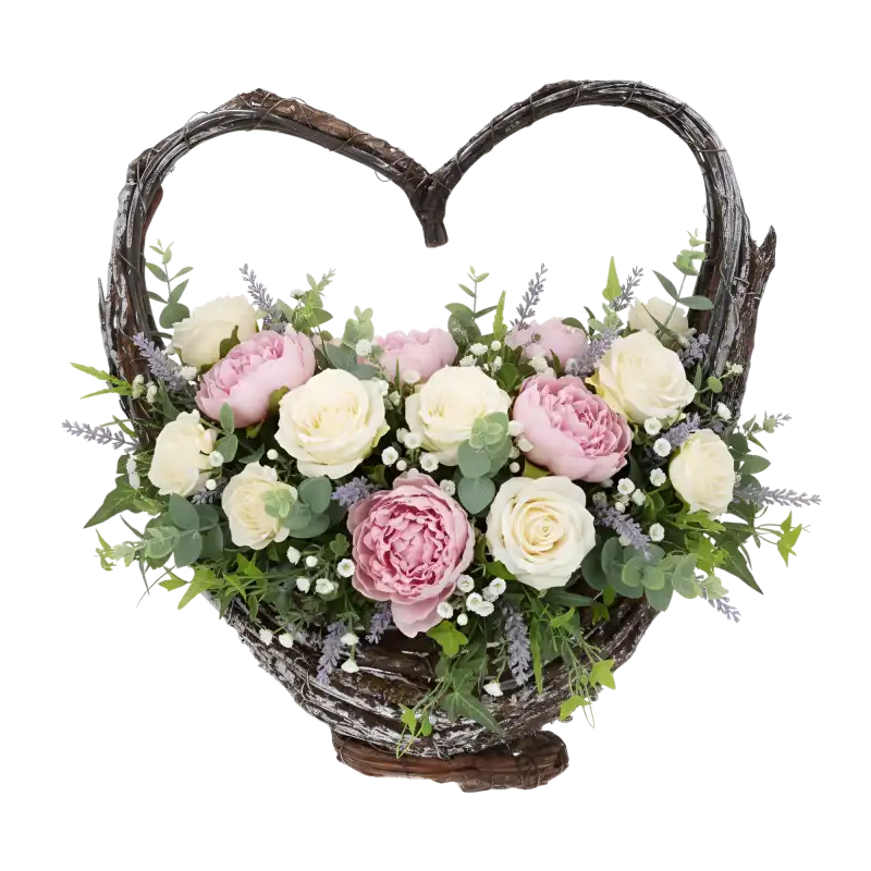 Posrebrzany kosz serce 35 cm – trwały i praktyczny kosz florystyczny. Idealny do aranżacji kwiatowych, dekoracji nagrobnych oraz jako oryginalna ozdoba domu i ogrodu.