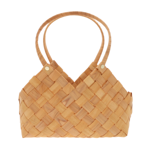 Naturalna torba dekoracyjna o wymiarach 30x19x33 cm z plecionego surowca, widoczna na wprost, stanowi estetyczną osłonkę na kwiaty lub stylowy organizer do wnętrz.