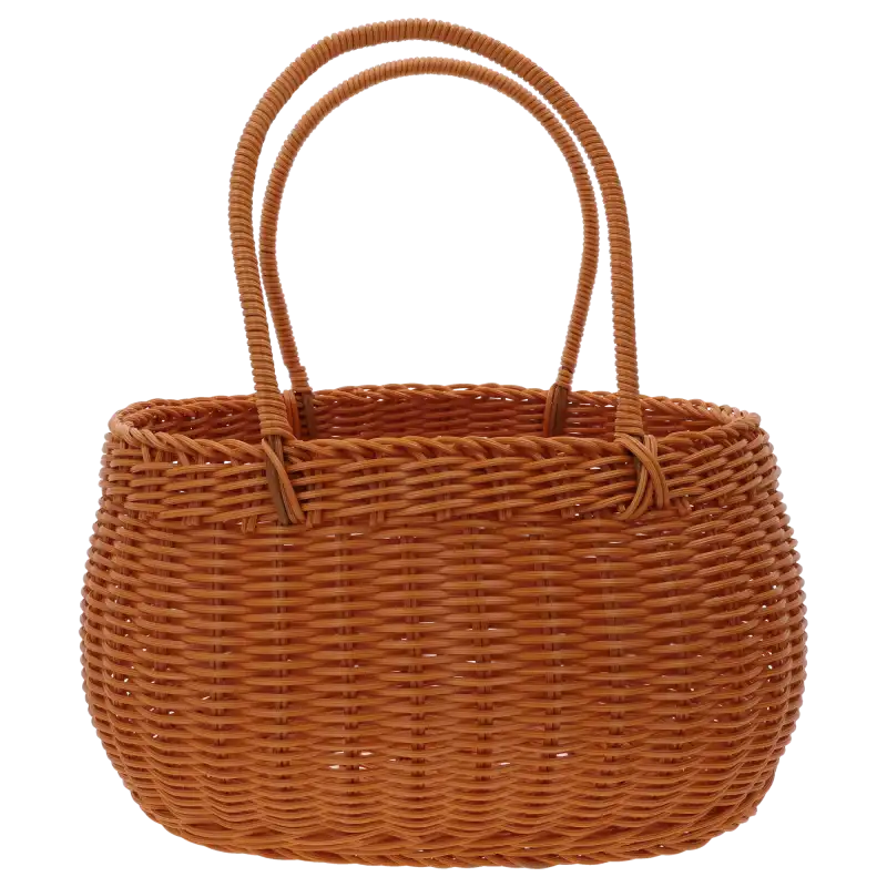 Owalna torba dekoracyjna L o wymiarach 22x31 cm wykonana z brązowego tworzywa z dwoma wygodnymi uszami do przenoszenia.
