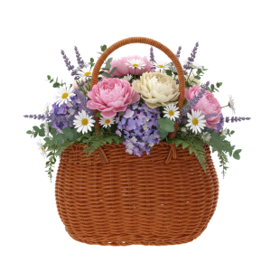 Owalna torba dekoracyjna M o wymiarach 16x25 cm wypełniona sztucznymi kwiatami piwonii i rumianków. Nowoczesny dodatek do wnętrz z wygodnymi uszami do przenoszenia roślin.