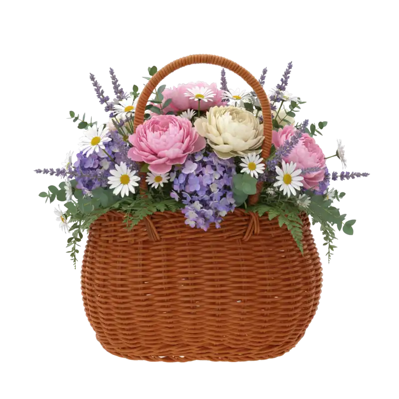 Owalna torba dekoracyjna M o wymiarach 16x25 cm wypełniona sztucznymi kwiatami piwonii i rumianków. Nowoczesny dodatek do wnętrz z wygodnymi uszami do przenoszenia roślin.