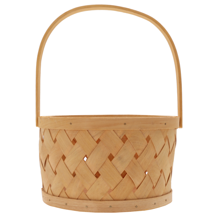 Naturalny okrągły kosz (wys. 29 cm) ze składaną rączką, koszyk pleciony naturalny. Mała osłonka na doniczkę (śr. 20 cm), idealna do przechowywania i jako kosz kwiatowy.