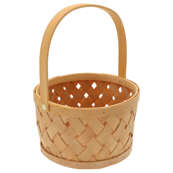 Naturalny okrągły kosz (wys. 29 cm) ze składaną rączką, koszyk pleciony naturalny. Mała osłonka na doniczkę (śr. 20 cm), idealna do przechowywania i jako kosz kwiatowy.