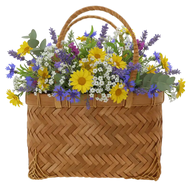Pleciny kosz owalny 31 cm z naturalnego drewna z bukietem kolorowych polnych kwiatów oraz zielonych gałązek.