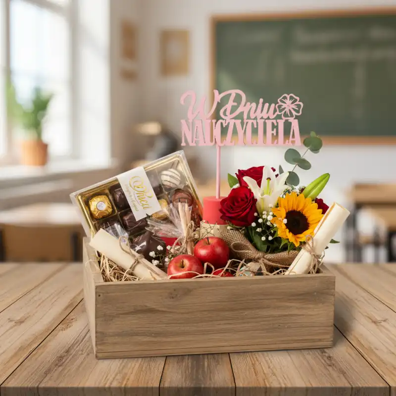 Topper na piku jako element dekoracyjny w drewnianej skrzynce prezentowej z bukietem kwiatów, jabłkami i czekoladkami.